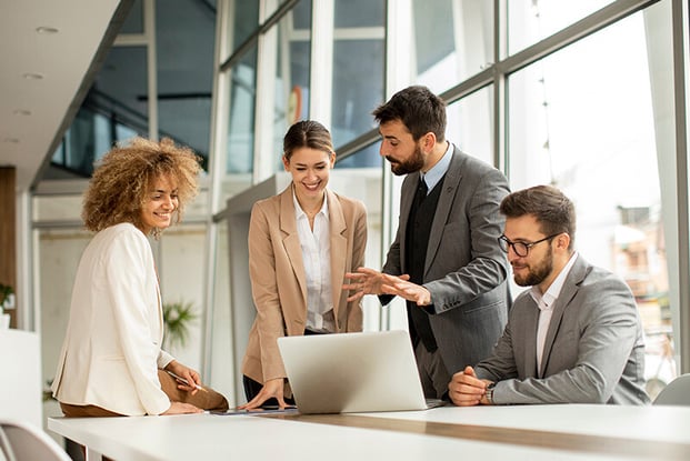 Business professionals looking at a laptop